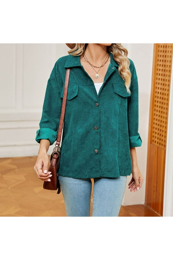 Women's Solid Corduroy Pocket Button Long Sleeve Loose Top Coat Teddy Jacket With Hood Jacket Coats With Pockets