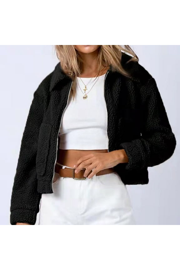 Women's Solid Lamb Fleece Neck Zipper Casual Short Pocket Long Sleeve Coat Summer Trench Coat Ladies Ripped Stretchy Jacket With Pockets