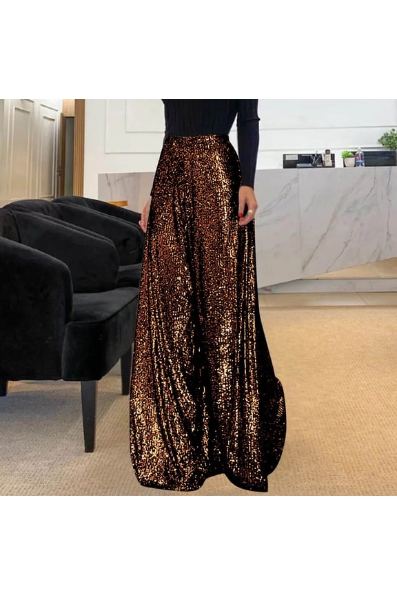 Women's Sparkle Sequin Wide Leg Pants Loose High Waisted Shiny Party Clubwear Bling Glitter Trousers