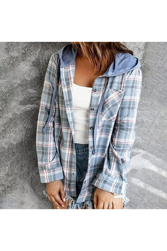 Women's Spring Collar Long Sleeve Pocket Fashionable Thin Plaid Panel Shirt Coat Teddy Bear Jacket Oversized Button Down Shirt Jacket