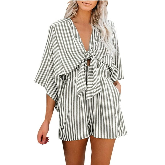 Dwaogom Women's Striped V-neck Low Waisted Casual Short Sleeved Jumpsuit Shorts Women's Leggings Small Athletic Leggings For Girls 10-12