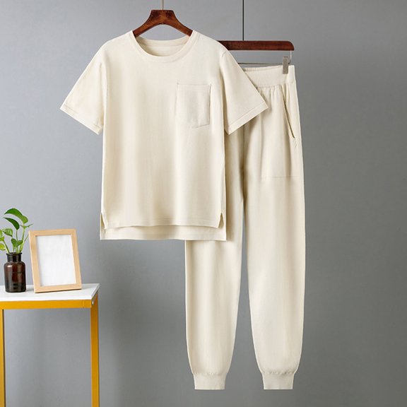 Dwaogom Women's Stylish Casual Suit Contrasting Color Short-sleeved And Wide-leg Pants Slit Two-piece Set Leggings For Women Yoga Pants For Women