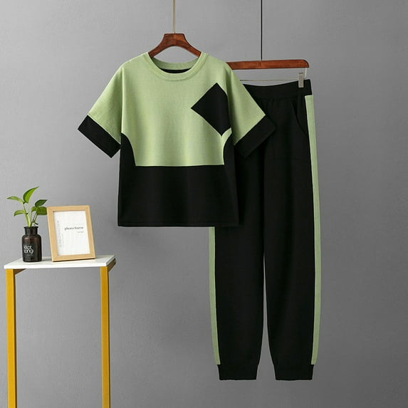 Dwaogom Women's Stylish Casual Suit Round Neck Short-sleeved Wide-leg Pants Two-piece Set Sweatsuits Matching Shorts With Pockets Outfits Sweatsuit With Pockets