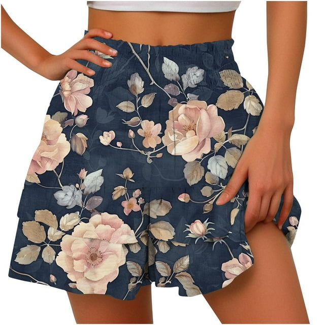 Dwaogom Women's Summer Solid Color High Waisted Shorts With Floral Pleated Hem Casual Shorts Premium Thick High Waist Tummy Compression Slimming Leggings Leggings For Women