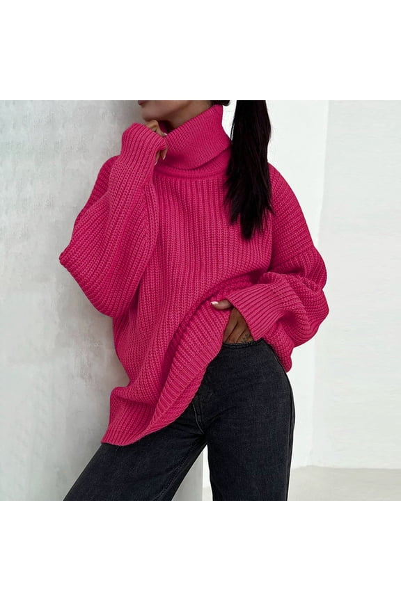 Women's Sweater Fashion Color High Neck Knit Pullover Sweater Large Round Neck Knit Toggle Coat Batwing Sleeve Tops With Pockets