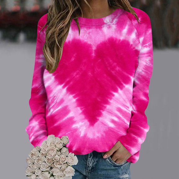 Dwaogom Women's Tie Cyed Love Printed Round Neck With Shoulder Sleeves And Long Sleeved Top Hoodie Womens Pullover Hoodies Graphic Womens Hoodies Pullover