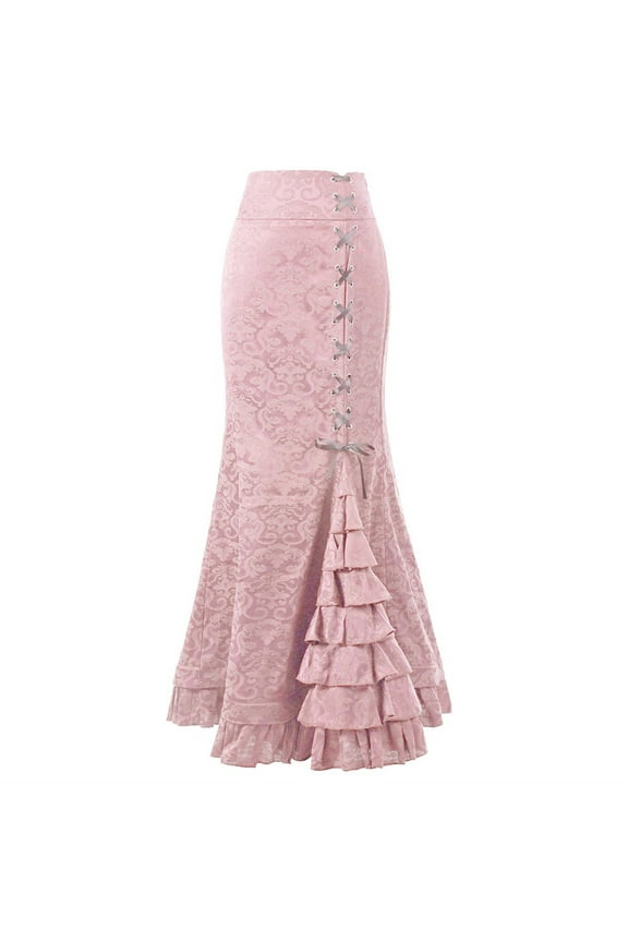 Women's Vintage Victorian Gothic Mermaid Long Skirt High Waist Ruffled Fishtail Mermaid Pencil Maxi Skirt Women Punk Style Mermaid Skirt Vintage Long Ruffle Fishtail Skirt