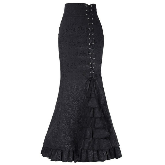 Dwaogom Women's Vintage Victorian Gothic Mermaid Long Skirt High Waist Ruffled Fishtail Mermaid Pencil Maxi Skirt Women Punk Style Mermaid Skirt Vintage Long Ruffle Fishtail Skirt