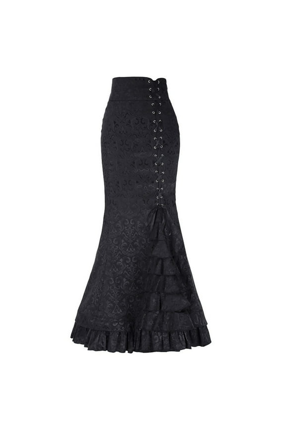 Women's Vintage Victorian Gothic Mermaid Long Skirt High Waist Ruffled Fishtail Mermaid Pencil Maxi Skirt Women Punk Style Mermaid Skirt Vintage Long Ruffle Fishtail Skirt