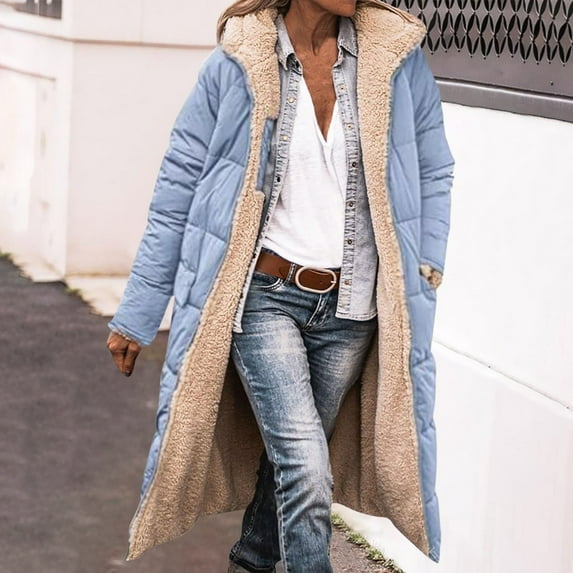 Dwaogom Women's Winter Casual Loose Fashion Color Pocket Zippered Tops Reversible Long Cotton Coat Teddy Coat Long Fur Jacket Women'S Waffle Knit Shacket