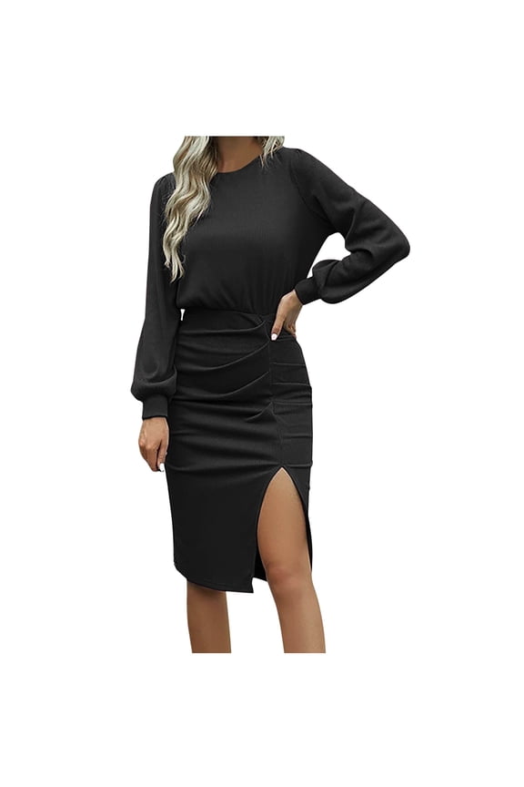 Women's Winter Casual Solid Threaded Lantern Long Sleeve Knitted Slit Bag Hip Round Neck Dress Halter Dresses For Women Dress Sequin Dress