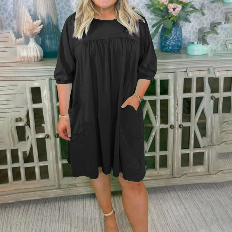 Dwaogom Womens Casual Half Sleeve Empire Waist Pleated Swing Modest Work Tunic Dresses Women's Fashion Casual Solid 1/2 Sleeve Round-Neck Pleated Mini