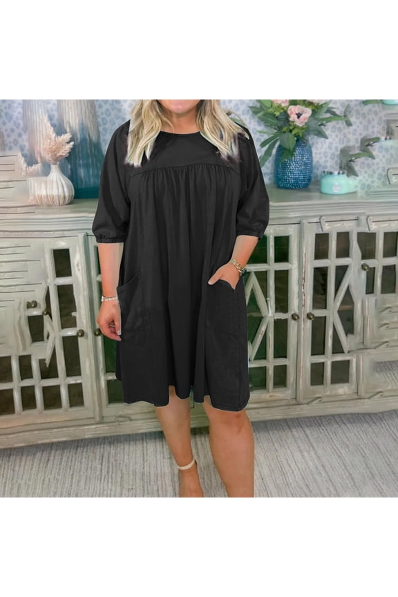 Womens Casual Half Sleeve Empire Waist Pleated Swing Modest Work Tunic Dresses Women's Fashion Casual Solid 1/2 Sleeve Round-Neck Pleated Mini Dress