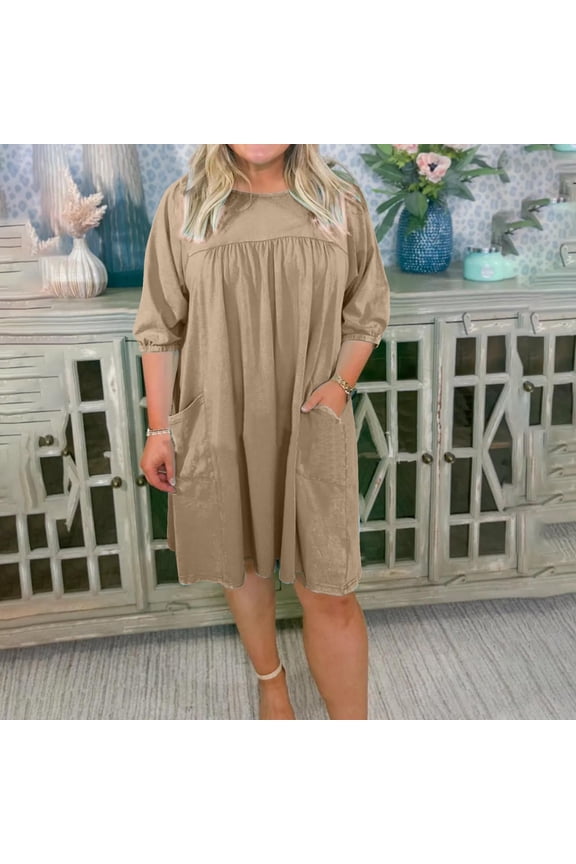 Womens Casual Half Sleeve Empire Waist Pleated Swing Modest Work Tunic Dresses Women's Fashion Casual Solid 1/2 Sleeve Round-Neck Pleated Mini Dress