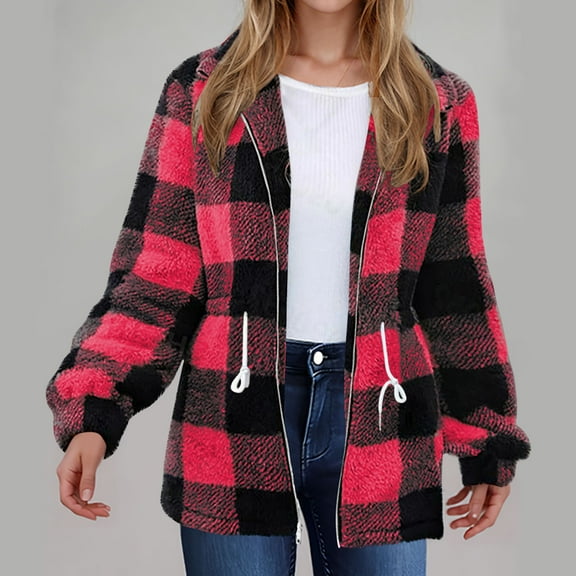Dwaogom Womens Fuzzy Fleece Open Front Hooded Cardigan Jackets Sherpa Outerwear Coats Winter Double-sided Plush Fleece Plaid Long Sleeved Long Coat Jacket Overcoat Top with Pockets