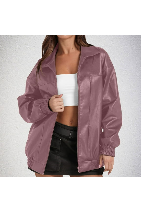 Womens Leather Jackets Casual Zip Up Trendy Bomber Motorcycle Jacket Women's Solid Flip Collar Fall And Winter Long Sleeve Fashion Leather Jacket Coat Tops with Pockets