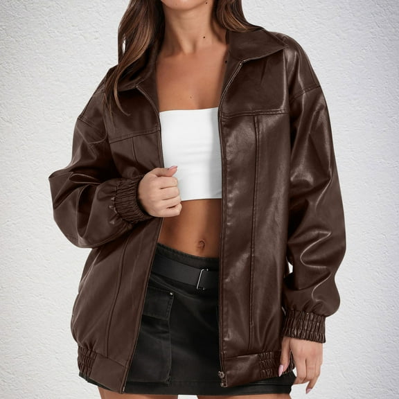 Dwaogom Womens Leather Jackets Casual Zip Up Trendy Bomber Motorcycle Jacket Women's Solid Flip Collar Fall And Winter Long Sleeve Fashion Leather Jacket Coat Tops with Pockets