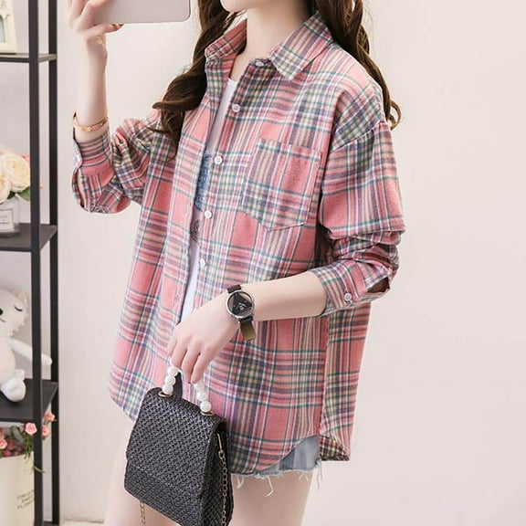 Dwaogom Womens Long Sleeve Plaid Shirts Flannel Collared Button Down Shackets Casual Rolled Up Boyfriend Blouses Tops Plaid Loose Long Sleeved Thin Casual Shirt Long Sleeved Lapel Shirt Coat