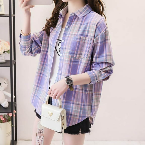 Dwaogom Womens Long Sleeve Plaid Shirts Flannel Collared Button Down Shackets Casual Rolled Up Boyfriend Blouses Tops Plaid Loose Long Sleeved Thin Casual Shirt Long Sleeved Lapel Shirt Coat