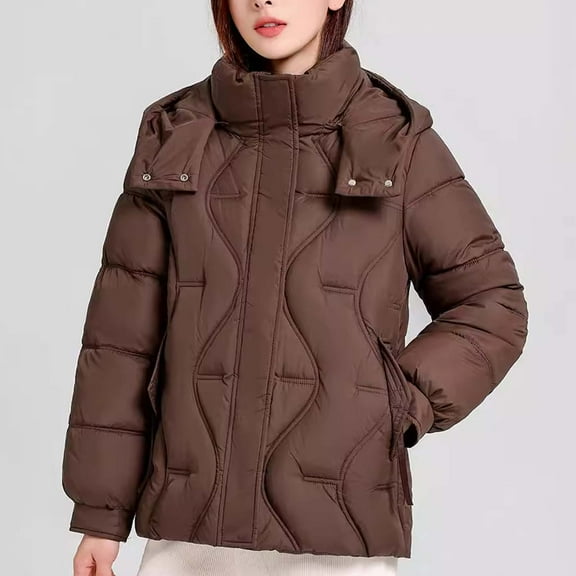 Dwaogom Womens Winter Quilted Jackets Long Sleeve Full Zip Puffer Jacket Coats Solid Color Winter Hooded Thick Casual Cotton Jacket Long Sleeved with Pockets