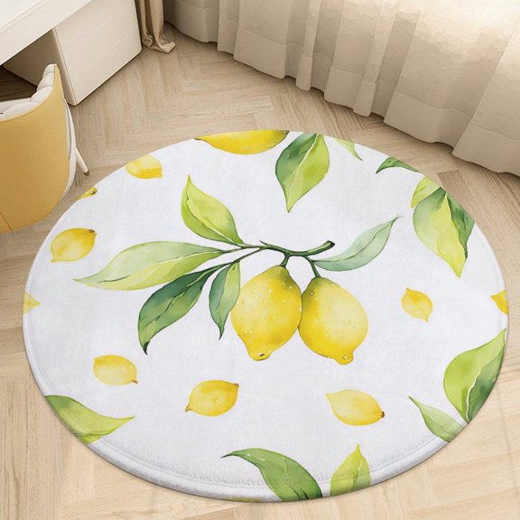 Dwarf Character Lemons with Leaves Round Area Rugs for Bedroom Living Room, 4FT Soft Comfy Indoor Circle Carpets, Floor Mat