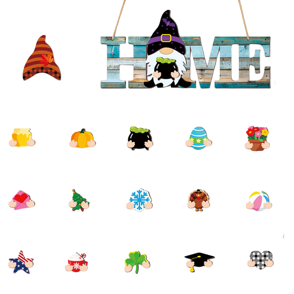 Dwarf Magnetic Wooden Interchangeable Holiday Home Decor, Hanging Tag Ornament with 15 Changeable Designs, Magnetic Wood Sign for Seasonal and Festive Indoor Decorations,A