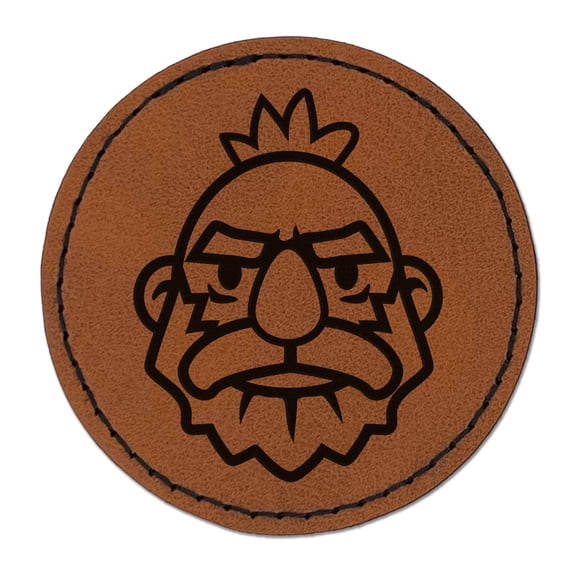 Dwarf Male Character Face 2.5" Faux Leather Round Engraved Iron-On Patch - Brown