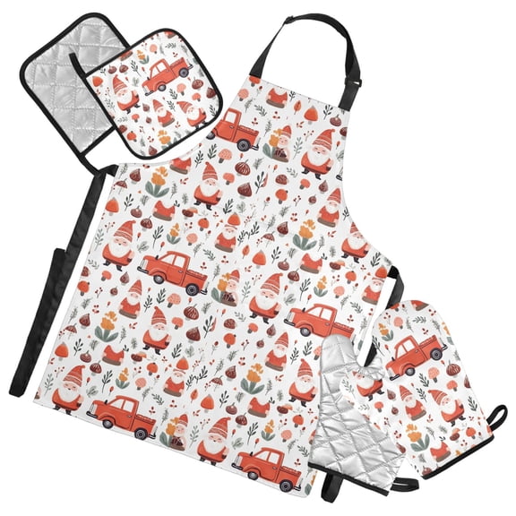 Dwarf Mushroom Truck Leaf 5 Pcs Kitchen Set Heat Resistant Oven Mitts and Non-Slip Pot Holders with Adjustable Cooking Apron