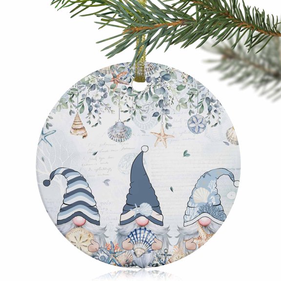 Dwarf Ocean Shell Starfish Christmas Ceramic Ornament 2025,3" Round Xmas Tree Hanging Accessories with Gold Ribbon