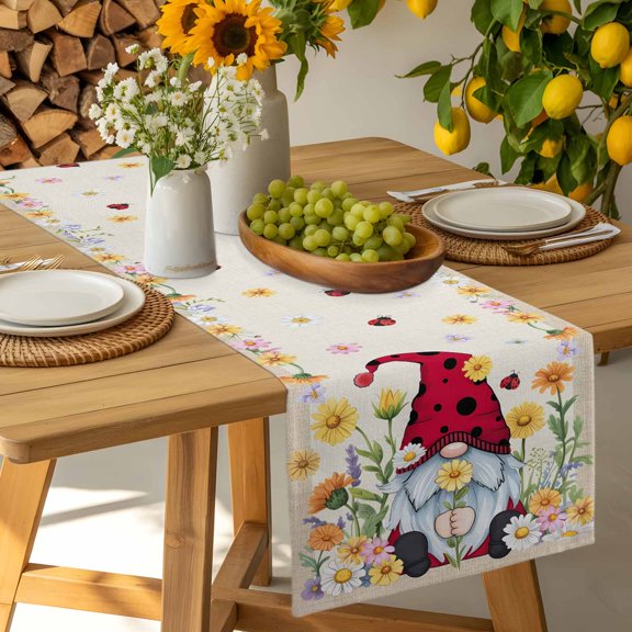 Dwarf Red Hats Farm Ladybugs on Linen Table Runner-36 Inch Long Blossom Flower Table Runners Linen Burlap Tablerunner for Kitchen Dining Room Holiday Party