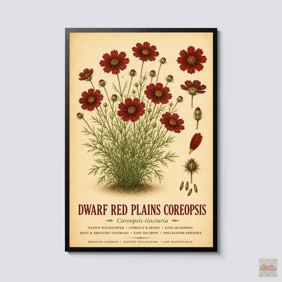 Dwarf Red Plains Coreopsis Botanical Vintage Wildflower Tinctoria Cottagecore Garden Botanical Wall Art Poster , Poster Print Only