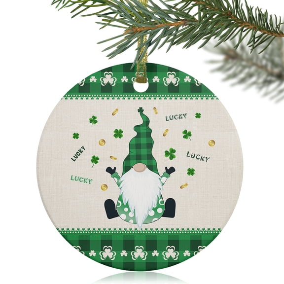 Dwarf St. Patrick's Day Gold Coin Christmas Ceramic Ornament 2025,3" Round Xmas Tree Hanging Accessories with Gold Ribbon