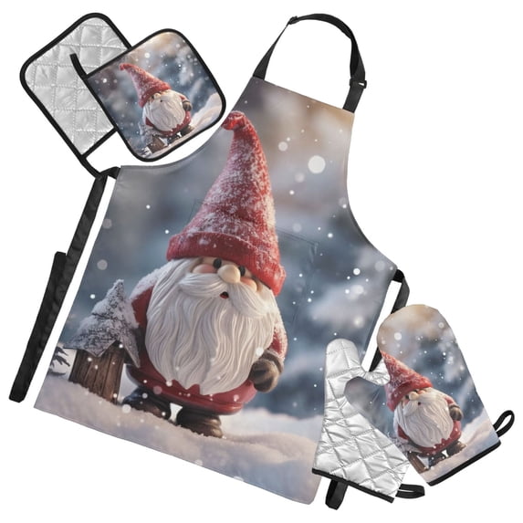 Dwarf Toy and Snow 5 Pcs Kitchen Set Heat Resistant Oven Mitts and Non-Slip Pot Holders with Adjustable Cooking Apron