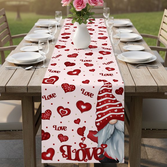 Dwarf Valentine's Day Sweetheart Table Runner 13x36in Non-Slip Cotton Linen Table Runners, Abstract Love on Pink Dresser Scarves TableRunner for Dinner Kitchen Dining Wedding Party