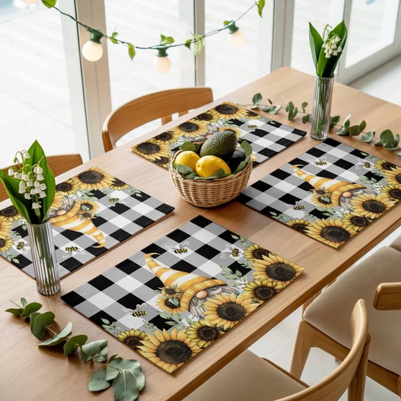 Dwarf Yellow Sunflower Bee Placemats Set of 4,Wipeable Washable Table Mats for Dining Tables, Black White Buffalo Check Place Mats for Kitchen Event Party Tabletop Decor