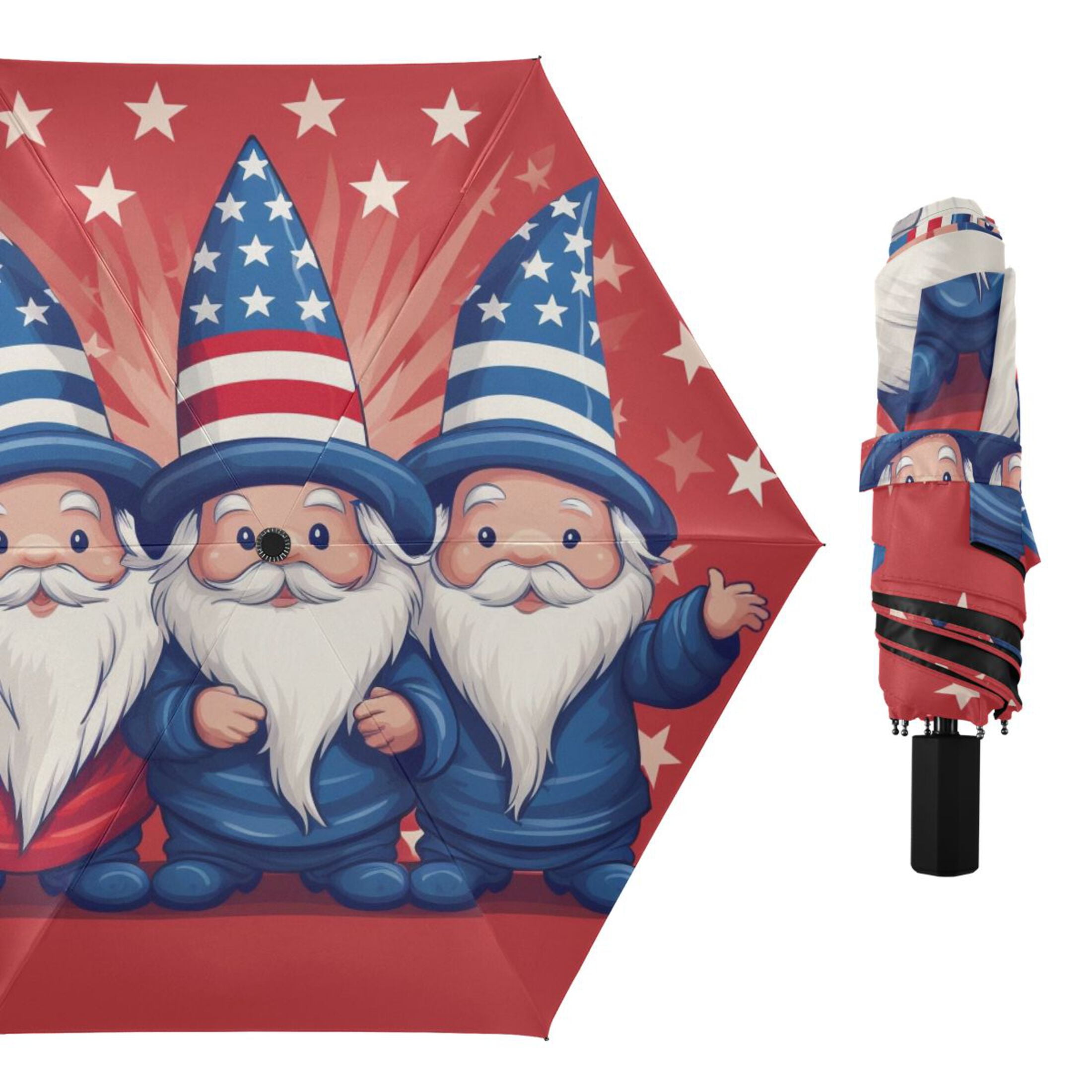 Dwarf with American Flag Hat Compact Sun Umbrella Windproof Travel Umbrellas for Rain Strong Portable UV Protection