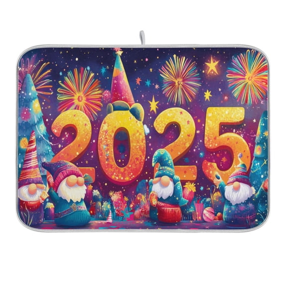 Dwarfs Celebrate 2025 New Year Dish Drying Mat for Kitchen Counter 16x18 In Absorbent Microfiber Reversible Mats Dish Drainer Protector Rack Pad for Coffee Bar Table