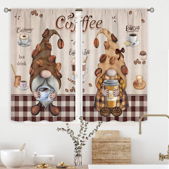 Dwarfs Coffee Kitchen Curtains 27.5Wx39H Inch Rod Pocket Funny Gnomes Coffee Curtains for Kitchen Vintage Cafe Bar Decor Brown Beige Buffalo Plaid Small Short Window Drapes Fabric 2 Panels