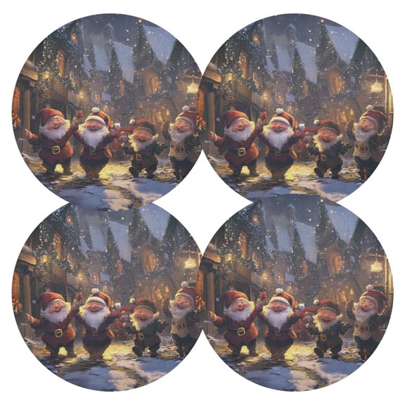 Dwarfs Dancing Celebrate Christmas PVC Round Grid Placemat Table Mat Set 4 Pcs 15.4" x 15.4"