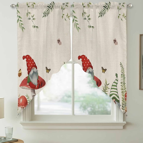 Dwarfs Mushrooms Swag Kitchen Curtain Valances, Spring Plant Leaf Butterfly Linen Rod Pocket Curtains Window Treatment Decor Valances for Bedroom Bathroom, 2 Panels 36 x 63 Inch