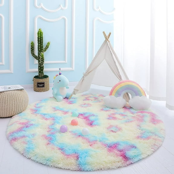 DweIke Round Rug for Bedroom,Soft Shaggy Area Rugs for Living Room Decor,Fluffy Circle Carpets for Nursery,6'x6',Rainbow