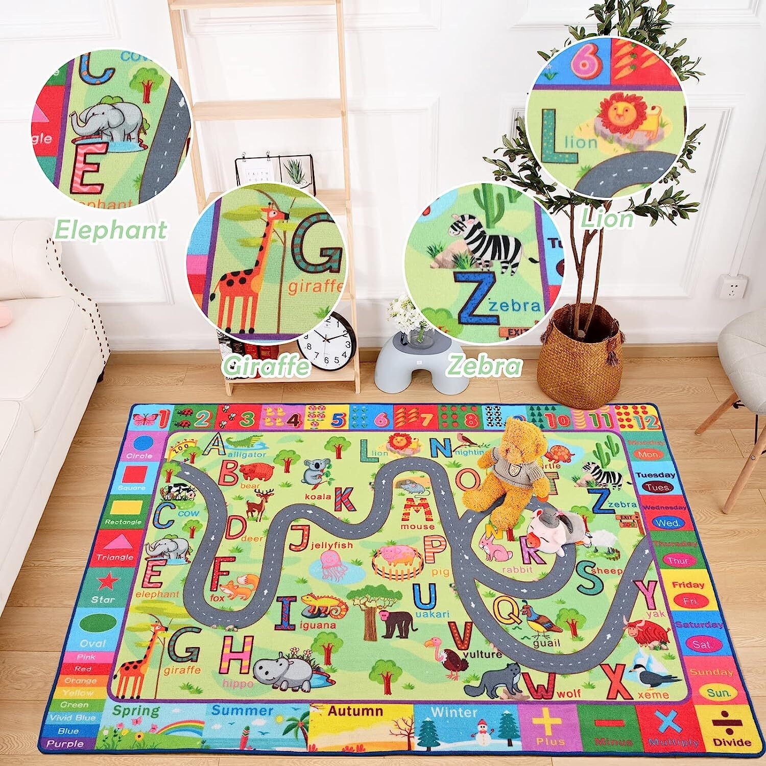 Dwelke Kids Rugs Animals Zoo Carpet Play Rug for Playroom ABC Educational Mat Alphabet Area Rug, 4'x6'