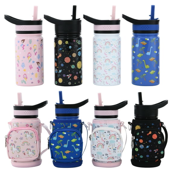 DweIke Kids Water Bottle with Straw Lid ,Bottle Holder and Adjustable Strap, Reusable Tumbler for Toddlers, Girls, Boys, 14oz, Rainbow