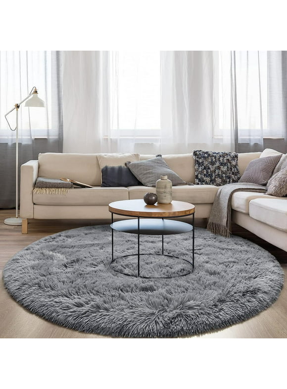 DweIke Round Rug for Bedroom,Super Fluffy Circle Rugs for Baby Nursery,Furry Carpet for Children Kids Room,Cute Soft Shaggy Area Rug for Girls Home Decor For Dorm,4'x4',Gray