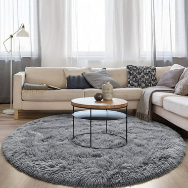 DweIke Round Rug for Bedroom,Soft Shaggy Area Rugs for Living Room Decor,Fluffy Circle Carpets for Nursery,4'x4',Gray