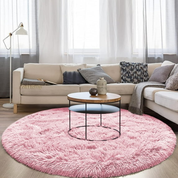 DweIke Round Rug for Bedroom,Soft Shaggy Area Rugs for Living Room Decor,Fluffy Circle Carpets for Nursery,4'x4',Pink