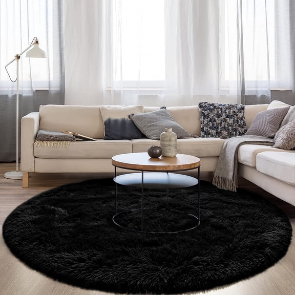 DweIke Round Rug for Bedroom,Soft Shaggy Area Rugs for Living Room Decor,Fluffy Circle Carpets for Nursery,5'x5',Black