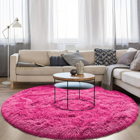 DweIke Round Rug for Bedroom,Soft Shaggy Area Rugs for Living Room Decor,Fluffy Circle Carpets for Nursery,5'x5',Hot Pink