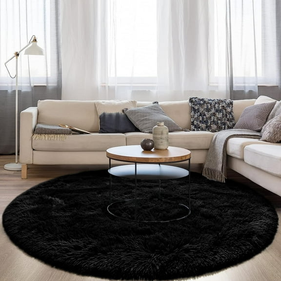 DweIke Round Rug for Bedroom,Soft Shaggy Area Rugs for Living Room Decor,Fluffy Circle Carpets for Nursery,6'x6',Black