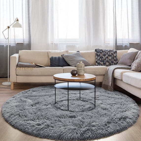DweIke Round Rug for Bedroom,Soft Shaggy Area Rugs for Living Room Decor,Fluffy Circle Carpets for Nursery,6'x6',Gray